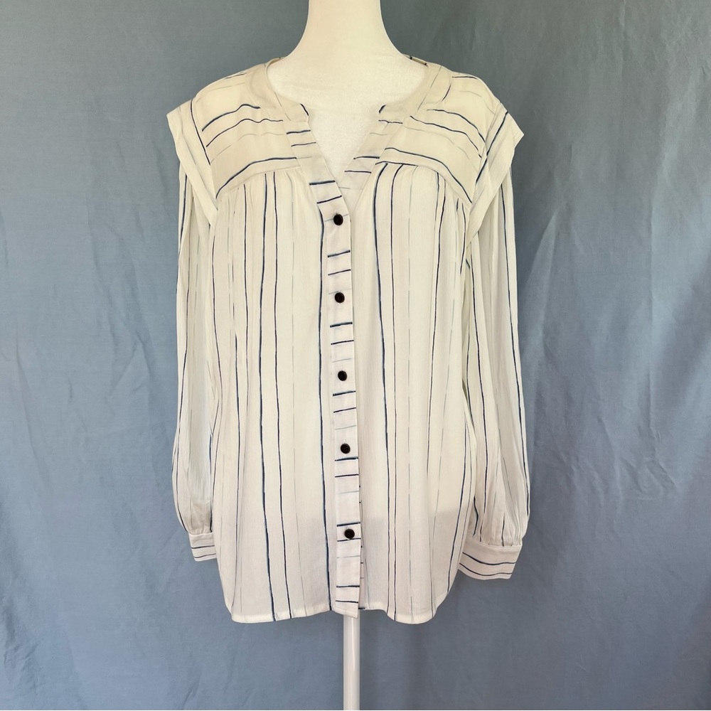 NWT Long Sleeve Button Down Top White w/Light & Dark Blue Stripes Sz L - Picture 2 of 11